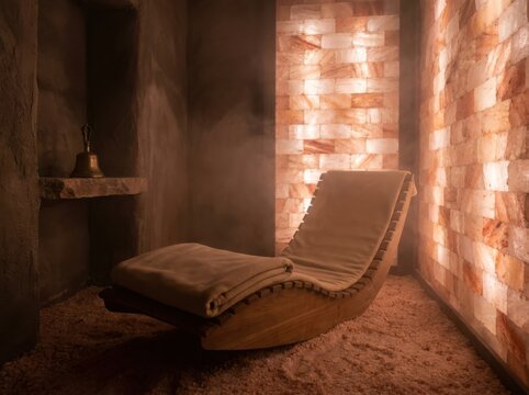 Serene salt room with wooden lounger in warm spa light