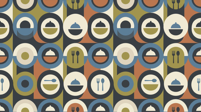 Seamless pattern design featuring stylized kitchenware icons in a retro mid-century modern style.