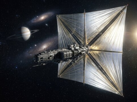 Interplanetary vessel with vast solar sails approaching an earth-like blue planet