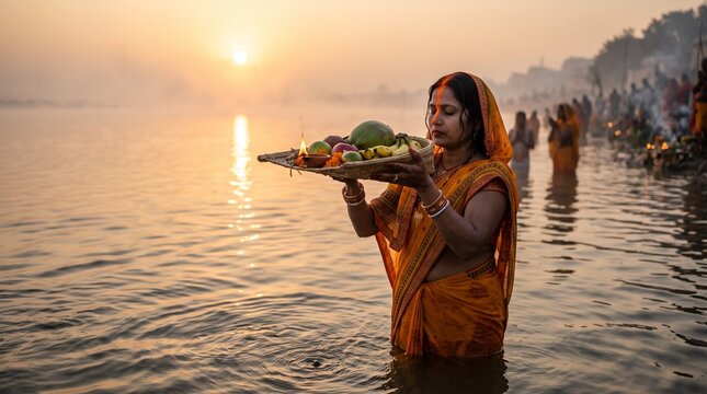 Indian Devotee Offering Arghya to Rising Sun at River for Chhath Puja