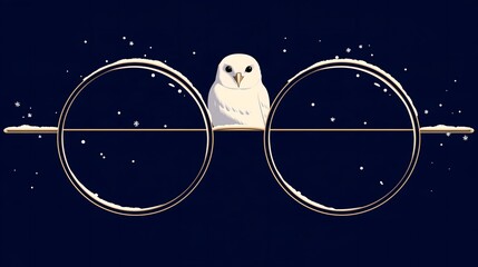 Obraz premium White owl perched between two golden rings with snow and sparkles on a dark navy sky, minimalist flat vector illustration for fantasy poster and card design
