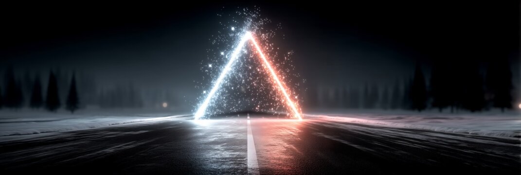 Glowing Neon Triangle Light Trail On Snowy Winter Road At Night With Sparkling Particles And Dark Pine Forest, Futuristic Scene With Cold And Warm Contrast