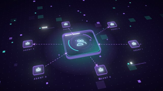 Digital network visualization showing a central multi agent system connecting to various agents with data flow and communication lines