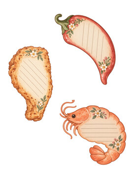 Notebook decorations, Food Themed Sticky Notes: Whimsical sticky notes shaped like a fried chicken leg, a chili pepper, and a shrimp.