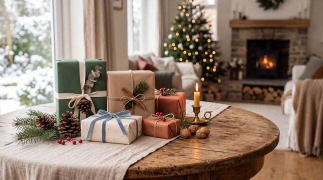 A festive wooden table filled with beautifully wrapped christmas gifts in a cozy living room with a glowing fireplace and tree