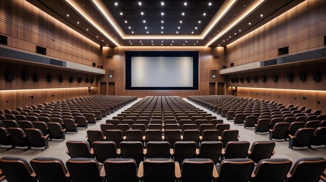 A modern luxurious auditorium with numerous rows of perfectly arranged empty theater seats facing a large projection screen and elegant elevated stage