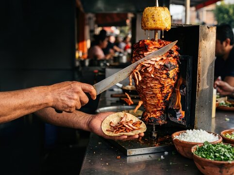 Street Food Al Pastor Taco Carving at Taqueria