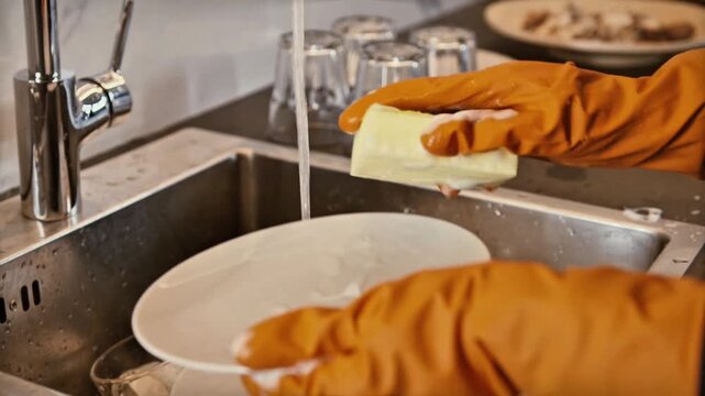 Close-up of a person wearing orange rubber gloves washing a white ceramic plate in a kitchen sink with running water and a soapy sponge.
