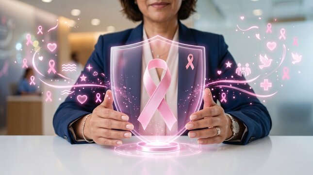 Woman holding a glowing digital shield with a prominent pink ribbon symbolizing breast cancer awareness protection and support for women's health. The conceptual image features various floating