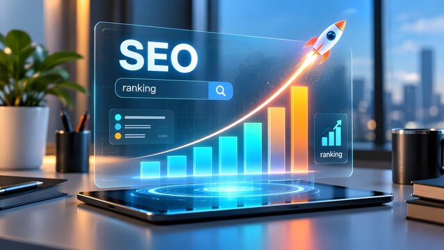 SEO ranking rocket launch concept with ascending bar chart on futuristic digital tablet display