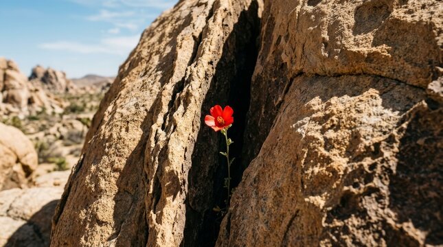 Resilience Blooms: A solitary red poppy pushes through a rocky crevice, a vibrant symbol of life and determination against a harsh desert landscape.