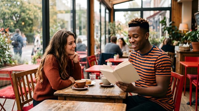 Diverse couple sitting at wooden table in cozy cafe reading book together over coffee with coffee shop coffee cup black man window light interior