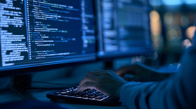 IT specialist typing while analyzing code on a large screen ,IT code, inthernet connection, typing, photo style