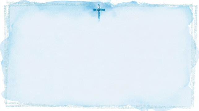 Minimalist Christian watercolor background with a glowing blue cross, soft pale blue washes, textured blue border and large copy space for religious designs.