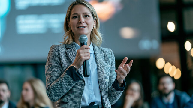 Woman holding microphone while explaining ideas on a large presentation screen ,presentation, audience, speaking with people, photo
