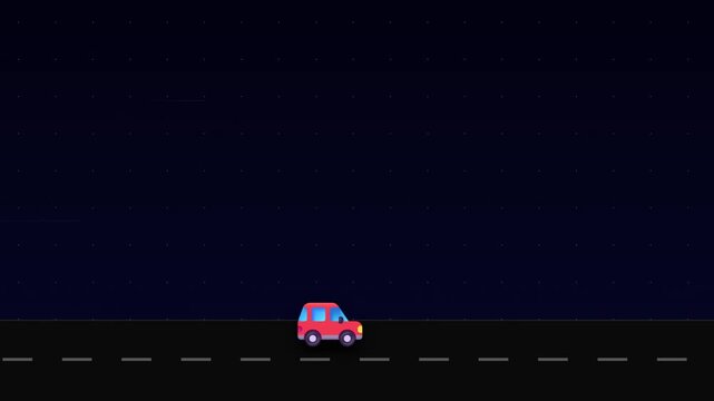 Tiny red cars driving on horizontal roads in a dark digital landscape