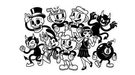 Fototapeta premium Retro rubber hose cartoon character set in black and white.