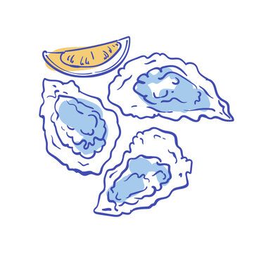 Whimsical italian oyster dinner in cartoon watercolor style with lemon fruit appetizer and seafood food on white. Hand drawn oyster doodle illustration for restaurant menu icon and dinner design.