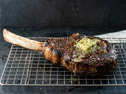 Tomahawk steak grilled with herb butter on a dark rack
