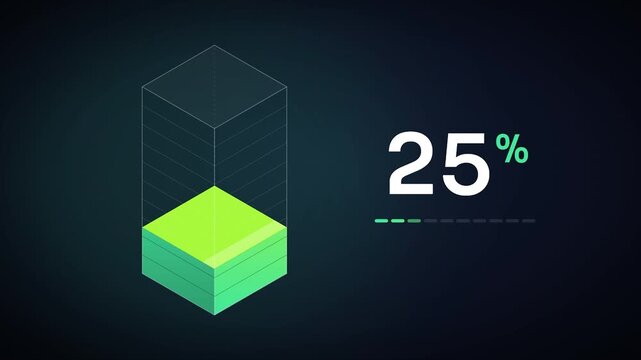Lime Green Isometric 3D Bar Percentage Counter Animation with Stacking Layers in Glass Column on Dark Background Seamless Loop
