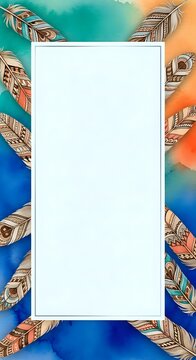 Watercolor tribal feather frame with blank rectangle for text, boho style border on vivid teal and blue background