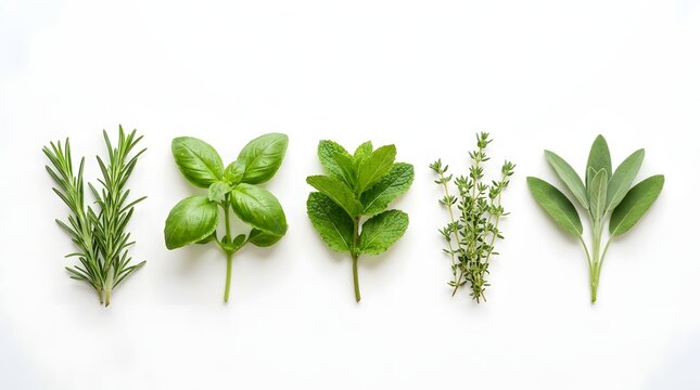Fresh herb sprigs rosemary basil lemon thyme sage and flat leaf parsley arranged in a row