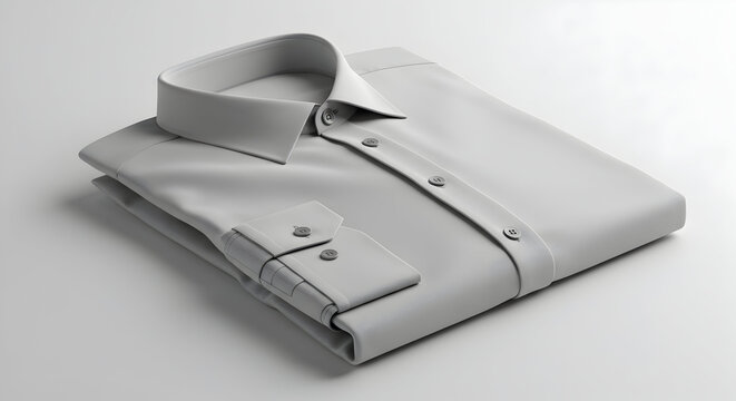 Folded Gray Button-Up Shirt with Collared Neck and Smooth Fabric Texture Neatly Arranged on a Minimalist Surface