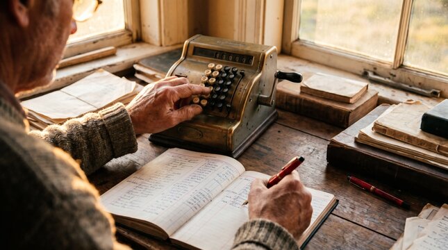 Hands Using Vintage Mechanical Calculator and Writing in Financial Ledger