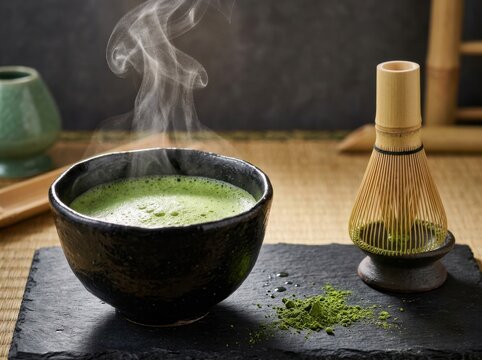 Matcha Tea Bowl with Whisk and Steam on Slate