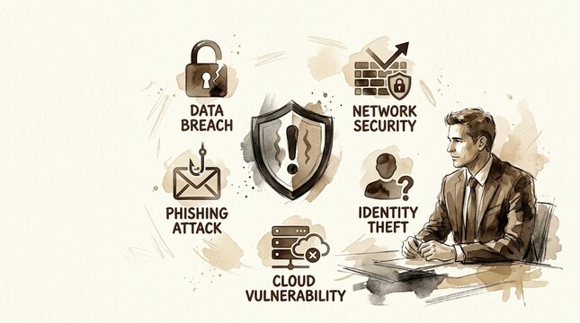 Watercolor Cybersecurity Infographic Illustrating Data Breach Phishing Identity Theft Cloud Vulnerability Network Security Risks