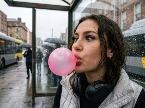 Bubble Gum Woman at a Rainy Bus Stop in the City