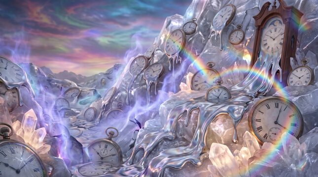 Surreal Melting Clocks and Pocket Watches on Crystalline Mountains under a Dreamy Aurora Sky