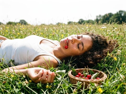 Cherry Meadow Relaxation with Woman Lying in Summer Grass