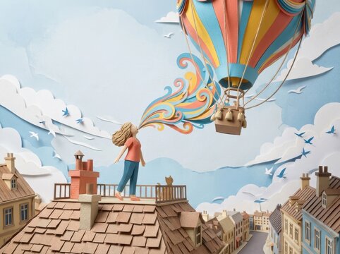 Aerostat rooftop dreamscape with girl and hot air balloon