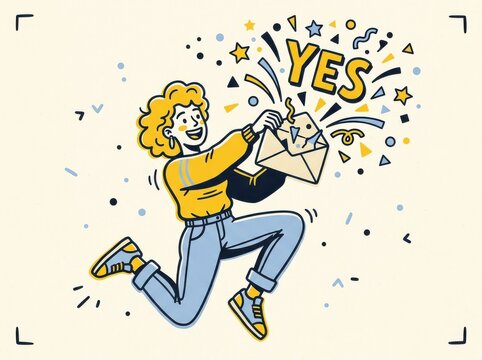Approval celebration woman with envelope and yes message