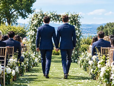 Two grooms couples in navy suits walk hand in hand down the aisle at an