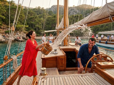 Sailboat Celebration with Friends Pouring Water on Deck