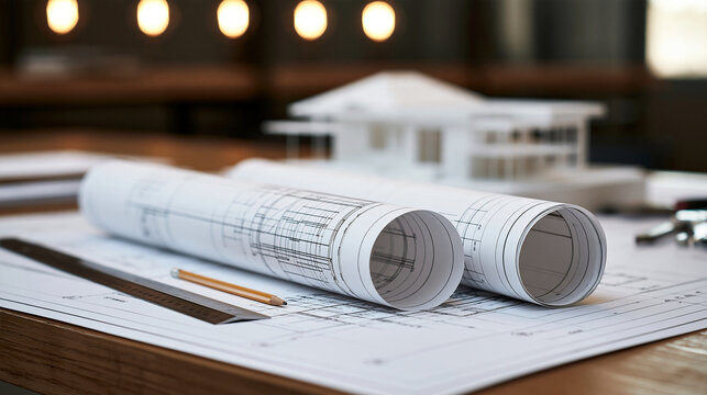 Rolled architectural drawings and technical construction plans spread across a worktable, measuring ruler, pencil, scale model and drafting tools, architecture planning,