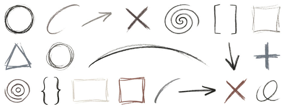 Set of Hand Drawn Charcoal Circles Arrows Crosses and Frames on White for Presentation Highlight and Video Thumbnail Design