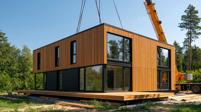 Modern modular house being assembled from prefabricated components at a residential construction site, efficient building process, sustainable architecture, modular construction,