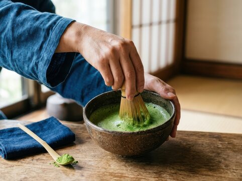 Matcha whisking in a rustic bowl for traditional tea ritual