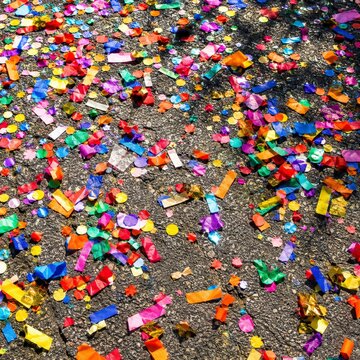 Overhead view of rainbow confetti scattered across a sunlit street