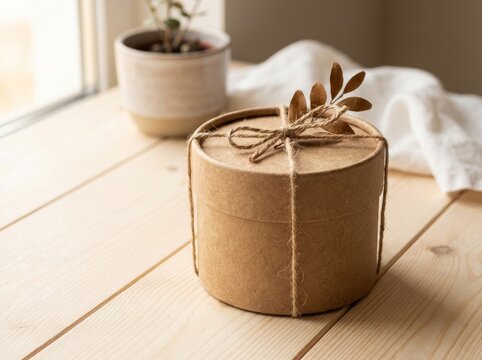 Minimalist eco friendly round kraft paper gift box wrapped with twine string on light wooden surface with potted plant.