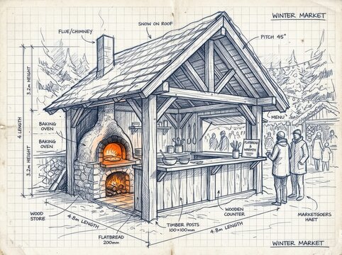 Winter market baking oven stall sketch with flatbread service counter