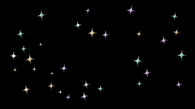 パステルカラーの大小の四芒星が時間差で明滅する光沢と余白のある透過ループアニメーション