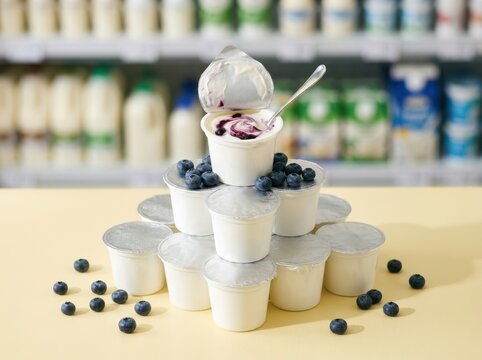 Blueberry Yogurt Cups Stack with Spoon and Fresh Berries in Dairy Display