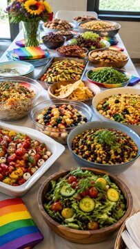 Potluck table at a community centre featuring various shared dishes