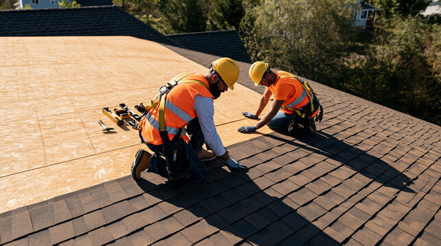 Roofing specialists installing a new residential roof with safety harnesses, protective equipment, organized roofing tools and fresh structural materials, roof repair,