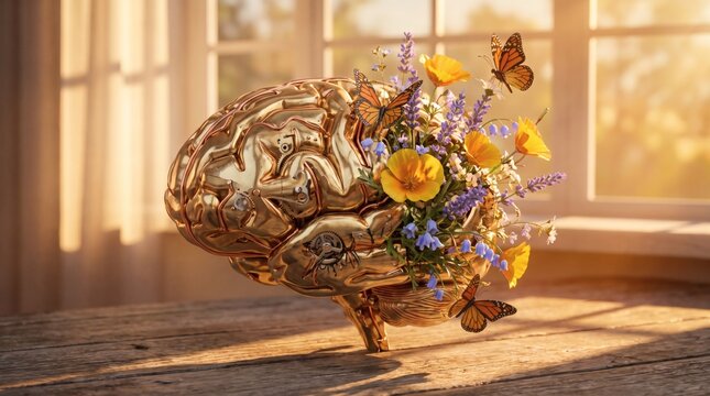 Golden Clockwork Human Brain with Blooming Flowers and Butterflies - Mental Growth and Creativity