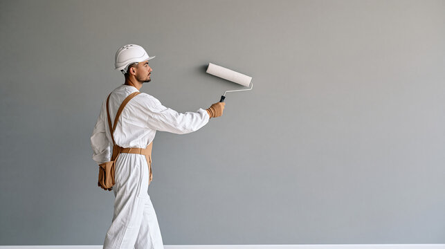 Contractor painting a smooth gray interior wall with a roller, protective workwear, clean renovation environment and generous open wall area, home improvement, painting,